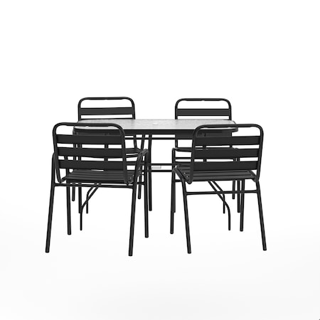 Flash Furniture Lila 5 Pc Patio Set w/47-in Glass Tbl, 2 Blk Triple Slat Chairs and 2 Blk Triple Slat Chairs w/Arms FV-120B-01518CBK-GG